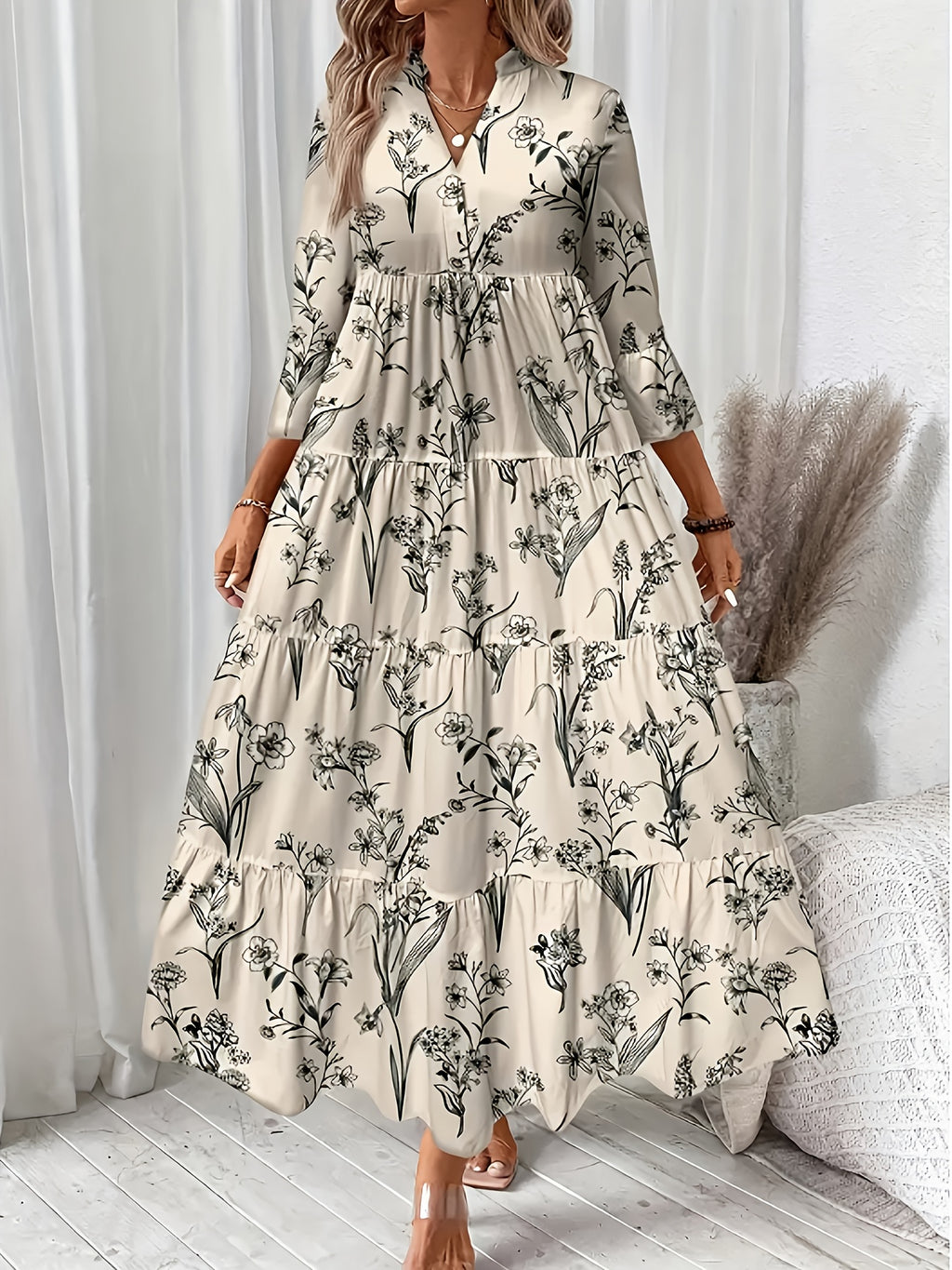 Directional Floral Print V-Neck Pleated Long-Sleeve Dress - Khaki