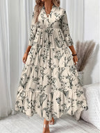 Directional Floral Print V-Neck Pleated Long-Sleeve Dress - Khaki