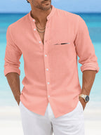Men'S Casual Faux Linen Stand Collar Long Sleeve Shirt, Breathable And Comfortable Fabric, Suitable for Daily Wear, Travel, And Beach Vacations, Machine Washable Regular Fit, Easy Letter Print Design, Fashionable And Versatile Top, Ideal Gift - Light Pink Color