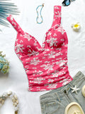 Casual Romantic Vacation Tie-Up Straps Ruched Slim Fit Floral Print Tank Top - Red
