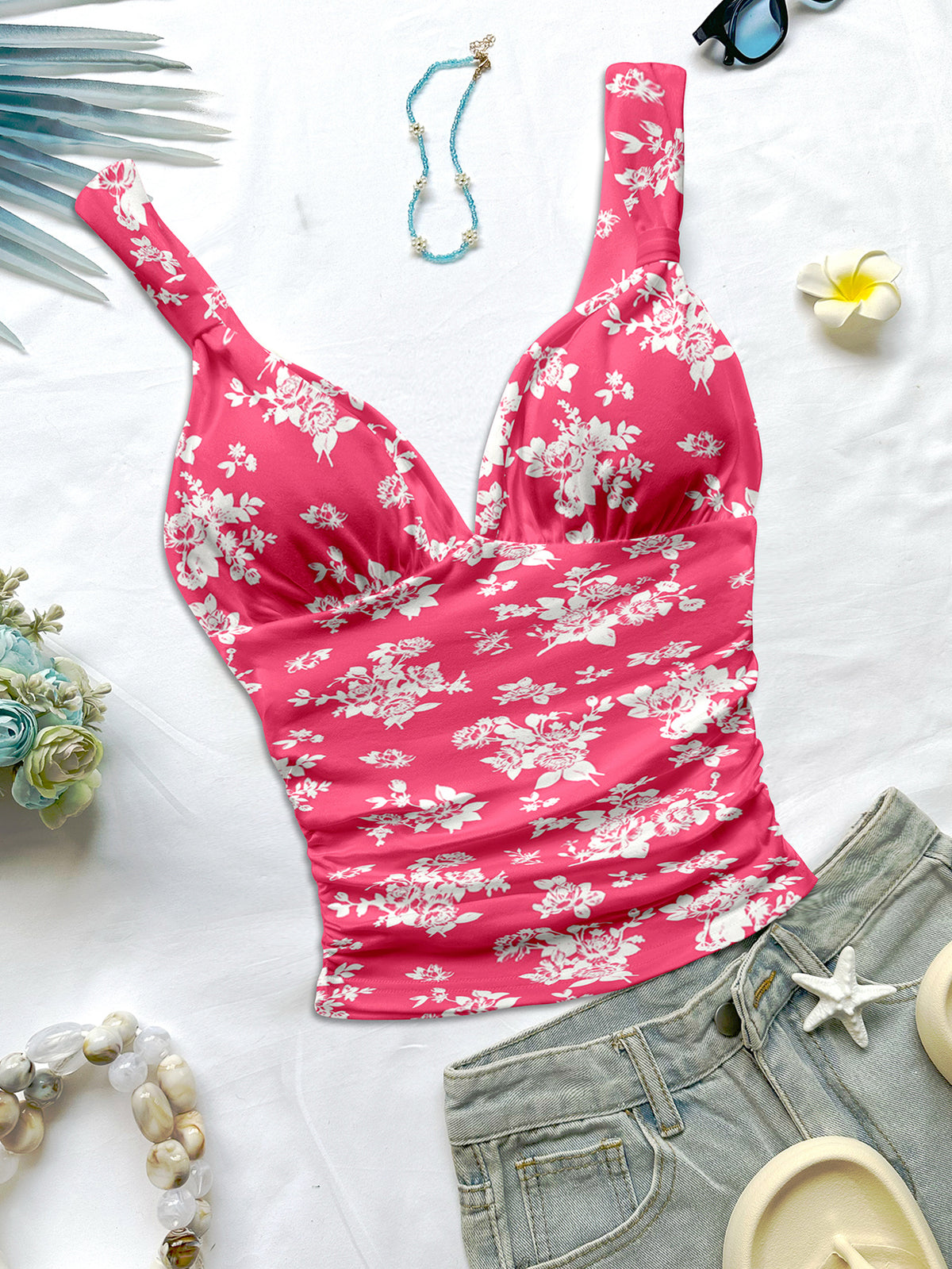 Casual Romantic Vacation Tie-Up Straps Ruched Slim Fit Floral Print Tank Top - Red