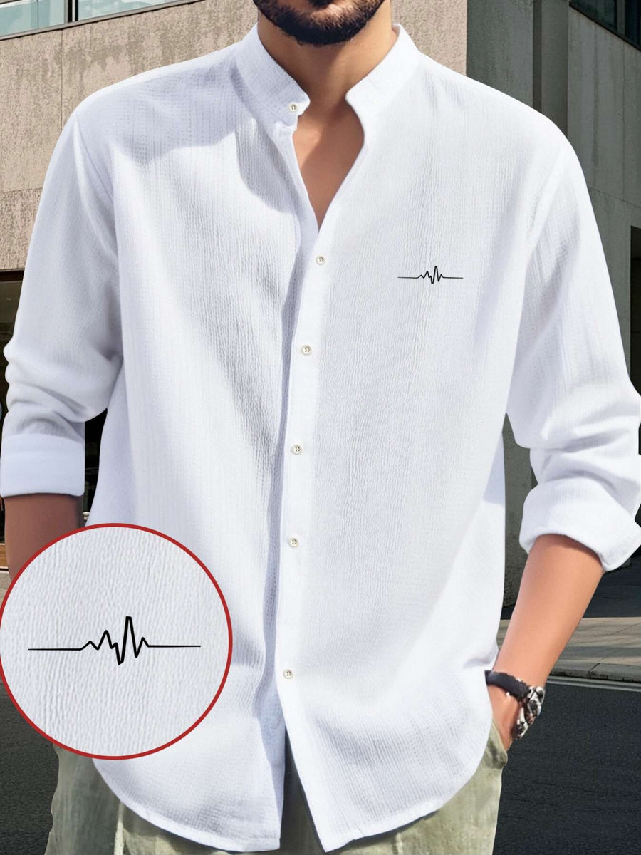 Men's Comfortable Long Sleeve Casual Shirt - Party Wear, Lightweight Breathable Stand Collar Button-Up Top, Versatile Apparel for Daily Wear, Events, and Outings, ECG Print Pattern, Fashionable Men's Clothing for Various Occasions, Everyday Outdoor - White