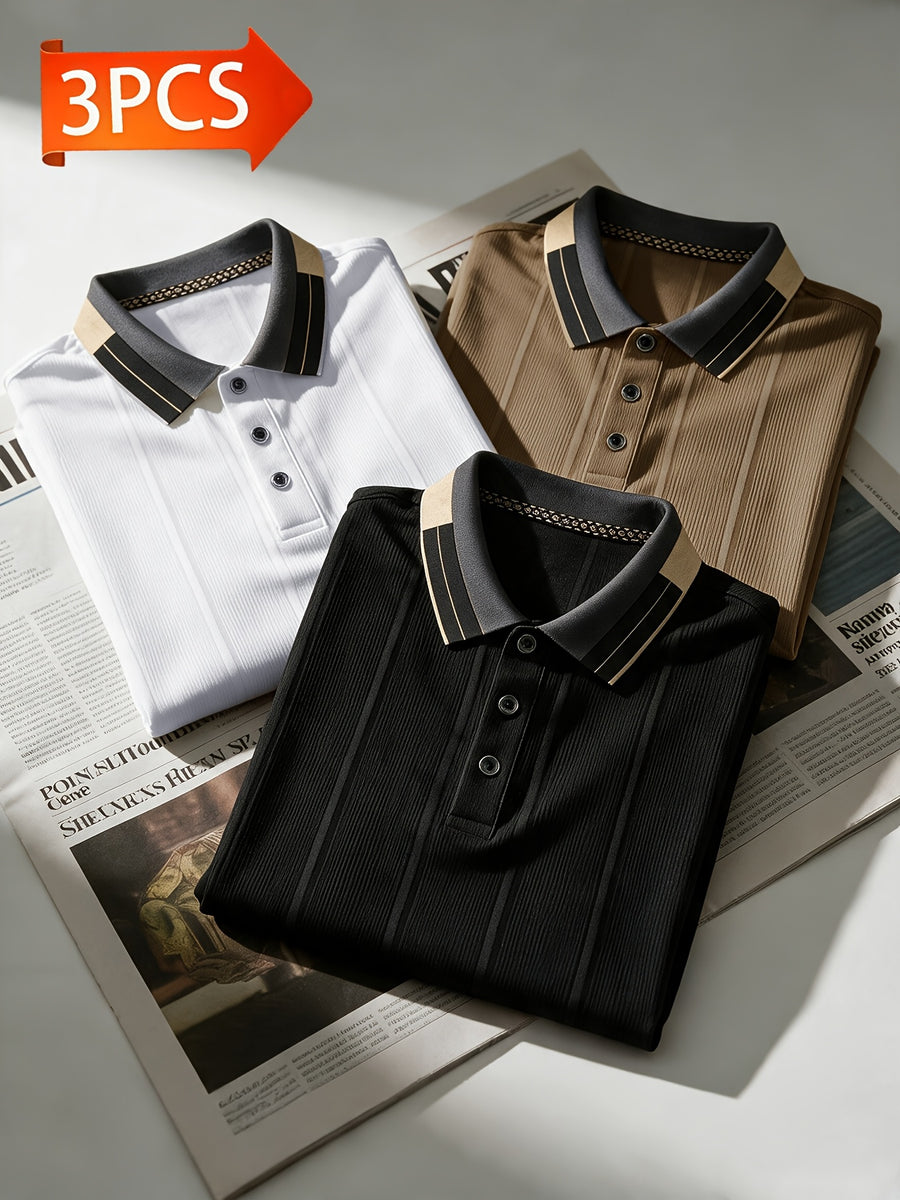 [Pearson OBM] Men'S Textured Jacquard Fabric Fashion Short Sleeve T-Shirt 3pcs Set, Suitable for Daily Casual Outings And Work Wear, Ideal Men'S Holiday Gift - White+Black+Khaki