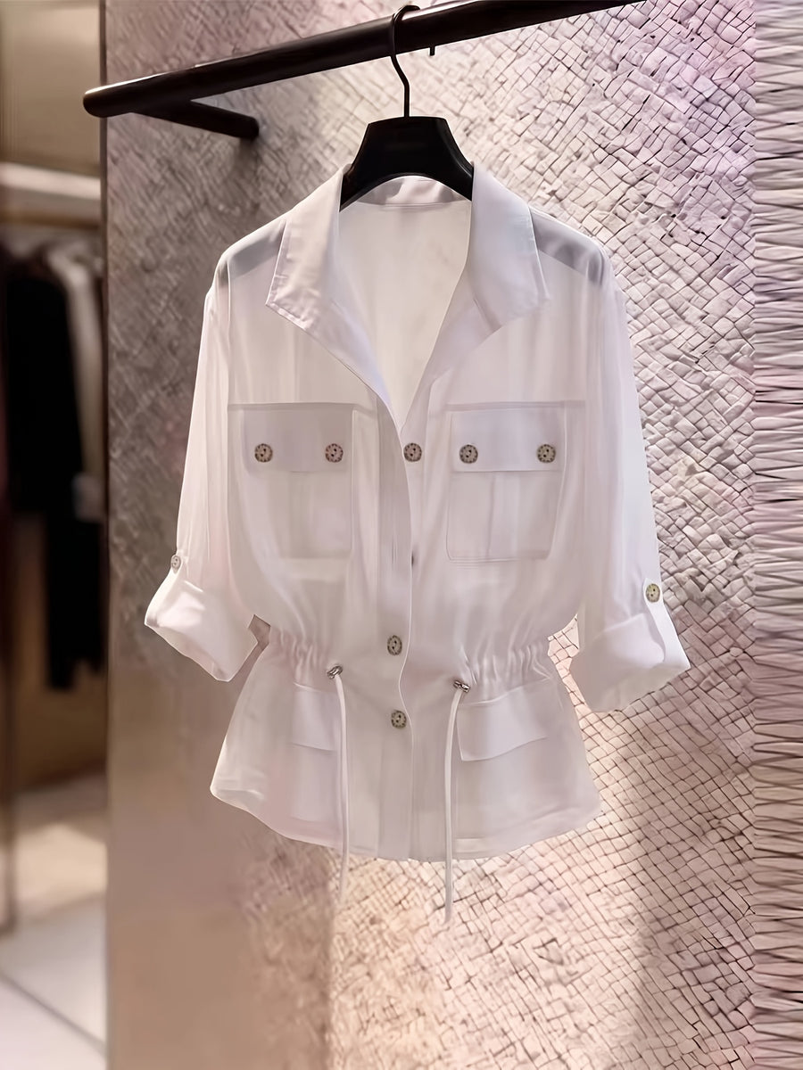 Drawstring Waist Chiffon Shirt, Lapel Collar with Cargo Pockets - White