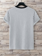 Men's Fine Vertical Stripe Textured Short Sleeve T-Shirt with Rolled Hem, Crew Neck, Loose Fit, Daily Trendy Casual Half-Sleeve Top - Mixed colors