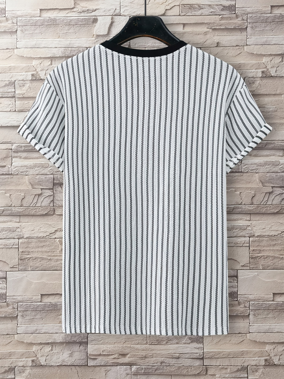 Men's Fine Vertical Stripe Textured Short Sleeve T-Shirt with Rolled Hem, Crew Neck, Loose Fit, Daily Trendy Casual Half-Sleeve Top - Mixed colors