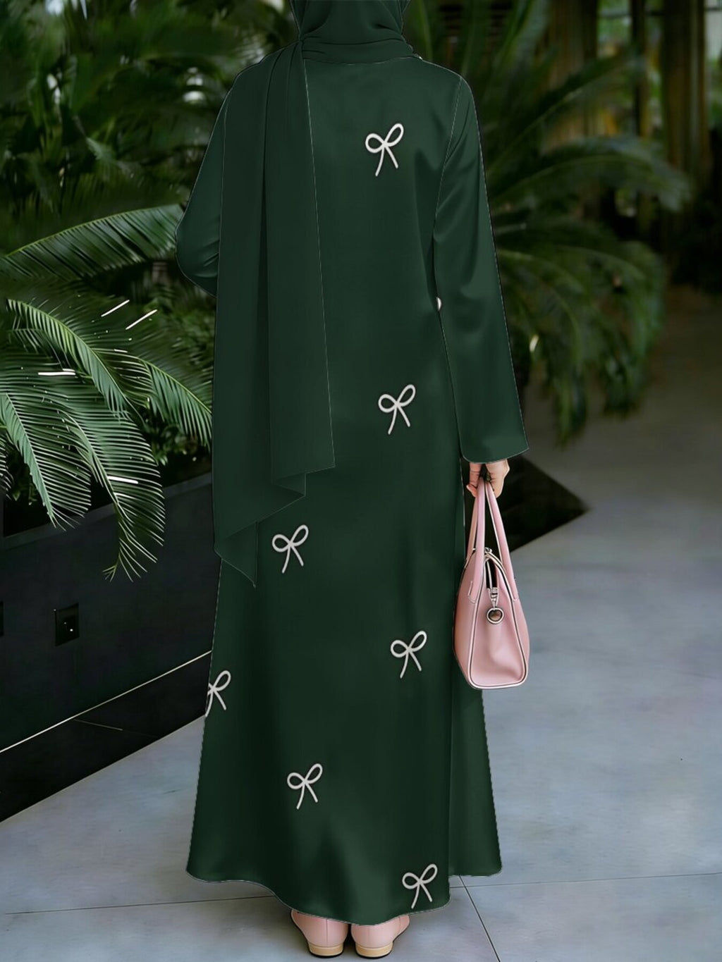 Muslim Women's Dress, Loose Fit Traditional Middle Eastern Thobe, Straight Cut Long Sleeve Elegant Muslim Long Dress, Long Abaya, Simple White Bow Decorative Pattern Print Dress, Headscarf Not Included - Mixed colors