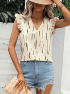 Striped Print Ruffled Sleeve V-Neck Button-Up Top - Apricot
