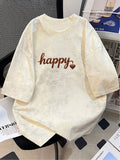 Women' High Street Fashion Brand Tie-Dye T-Shirt - Happy Letter & Heart Print Short Sleeve Top, BF Suitable for Casual Round Neck Blouse Tee, Spring Summer Loose Fit Blouse T-Shirts for Casual Attire (Machine Washable) - Apricot
