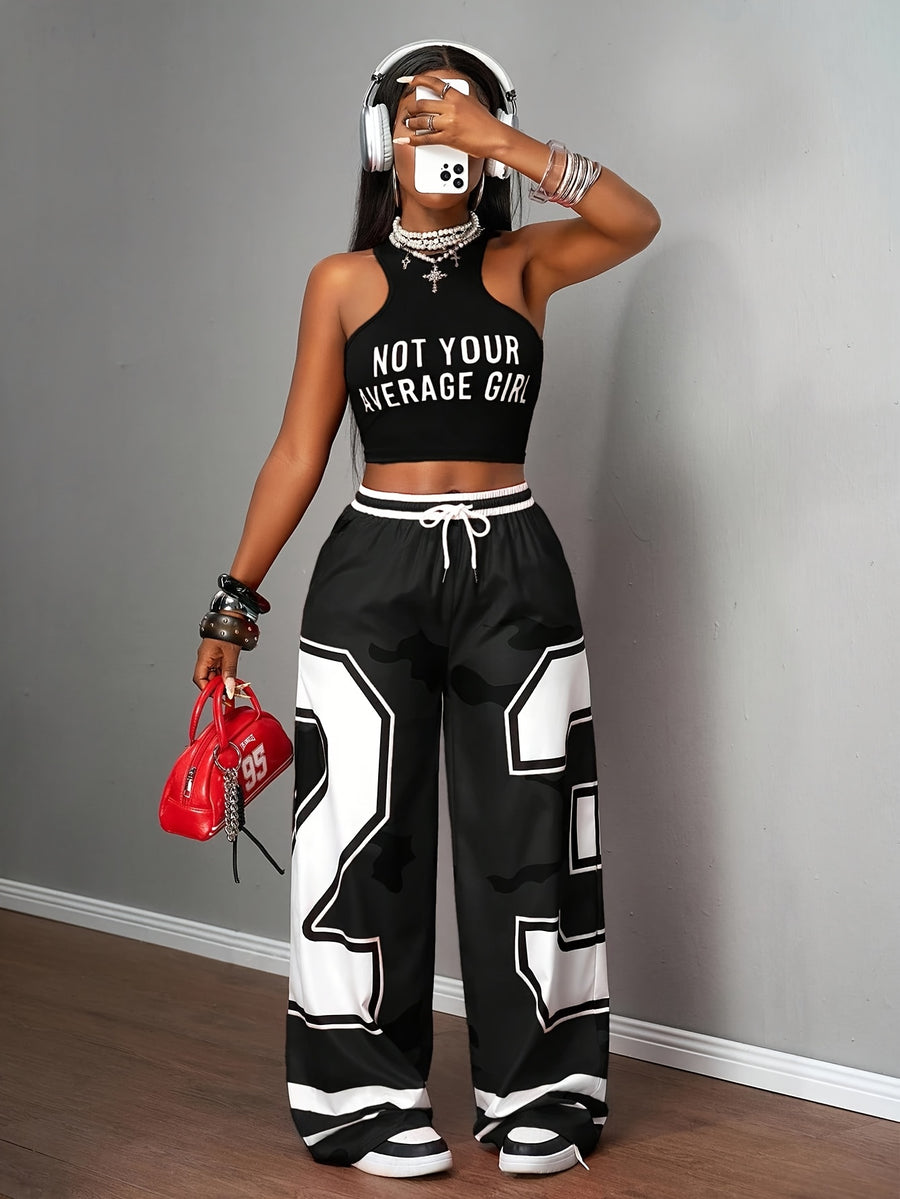 Women's Casual 2pcs Set, Summer Commuter Street Style Outfit, Low-Waist Cropped Color-Block Printed T-Shirt with Letter Print Pattern, Digital Printing Process, High-Waist Elastic Drawstring Pocket Wide-Leg Pants for a Perfect Gift for Family - Black