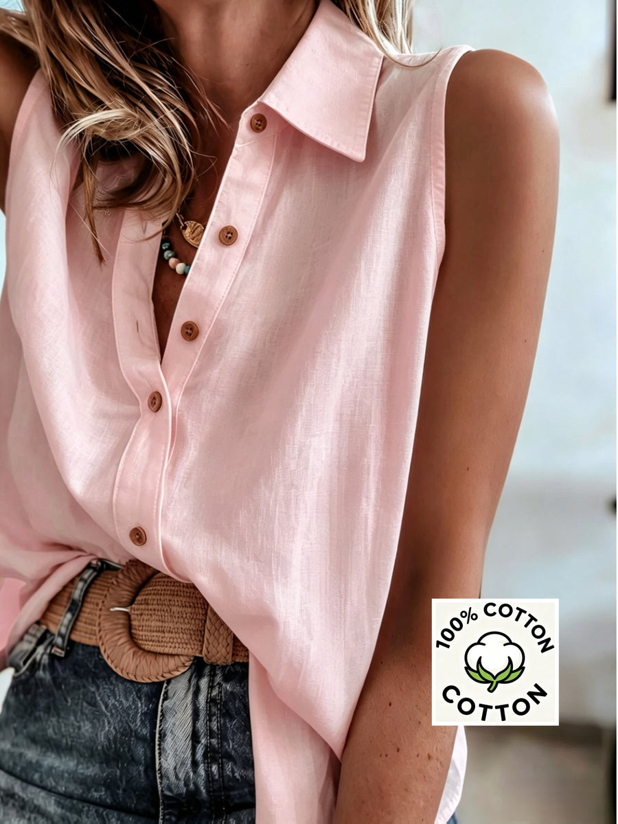 European and American Style Versatile Summer New Arrival Pure Breathable Sleeveless Lapel Single-Breasted Casual Loose Vest Sleeveless Shirt for Women - pink color