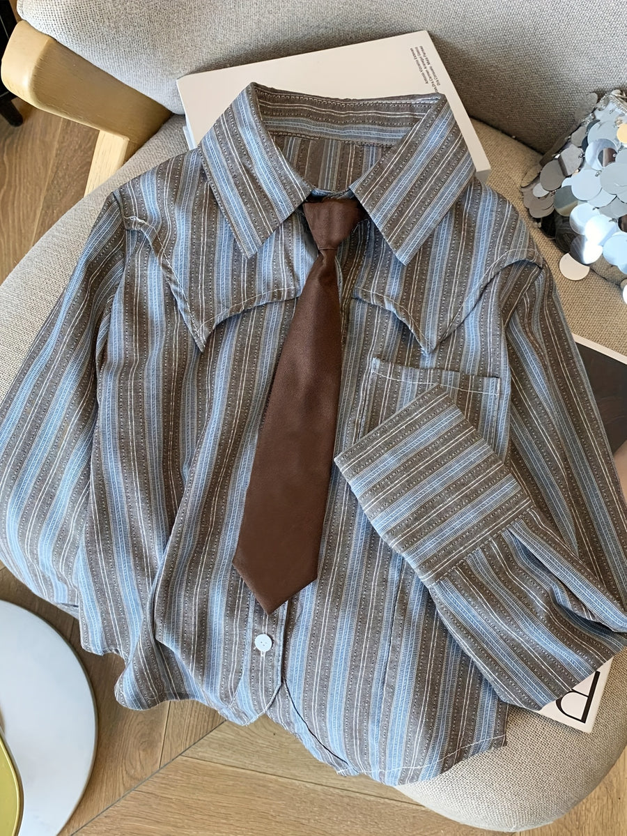 Striped Shirt with Large Collar and Tie - Essential Back-to- Fashion, Exuding Campus Charm - Mixed colors