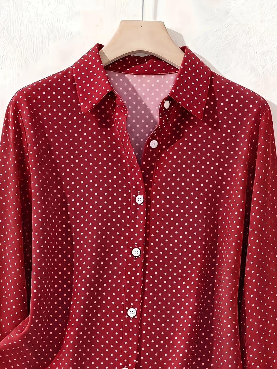 Elegant Fashion Single-Button Women'S Spring Autumn Long Sleeve Polka Dot Shirt - Red