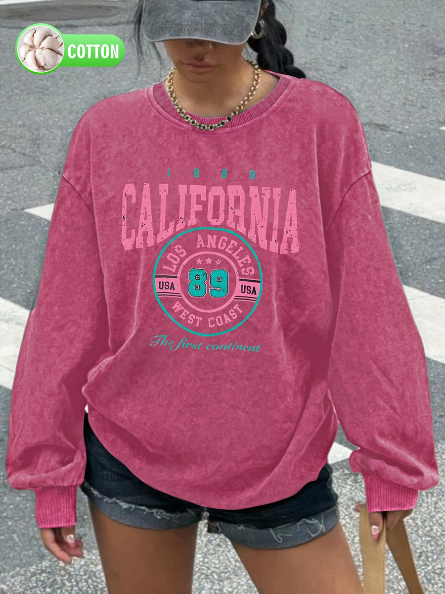 Women's Vintage Washed Crew Neck Sweatshirt - California Los Angeles Graphic Letter Print, Oversized Casual Pullover for Fall Winter, Machine Washable, Cute Sweatshirts, Everyday Clothing, Winter Apparel, Cozy Texture, Relaxed Fit - Rose Red