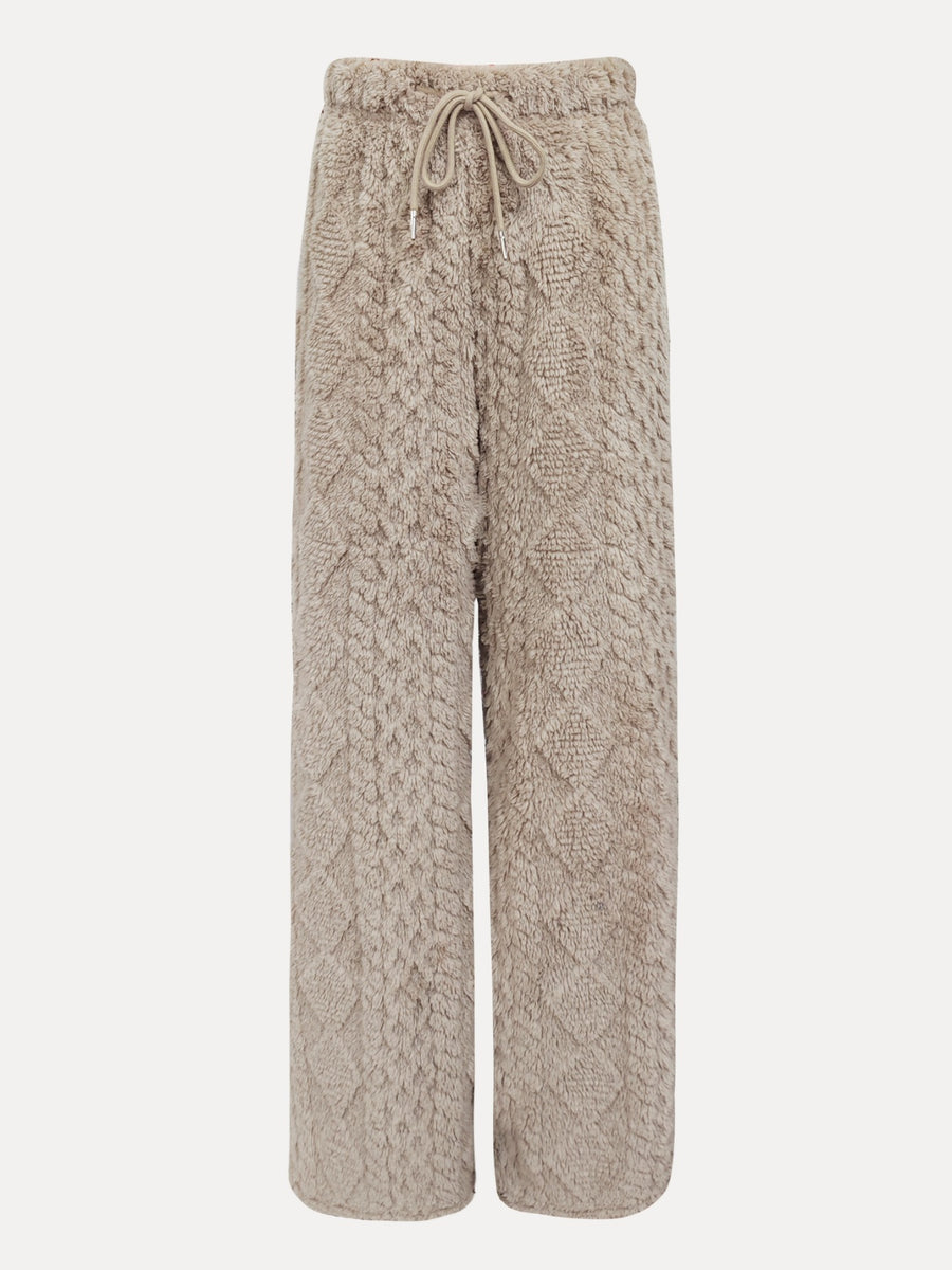 Women'S Solid Color Soft Jacquard Puff Plush Wide-Leg Pants, Drawstring Waist Comfortable Loose Plush Trousers, Suitable for Home Relaxation, Casual Walking, And Women'S Lazy Style Autumn/Winter Casual Wear - Apricot