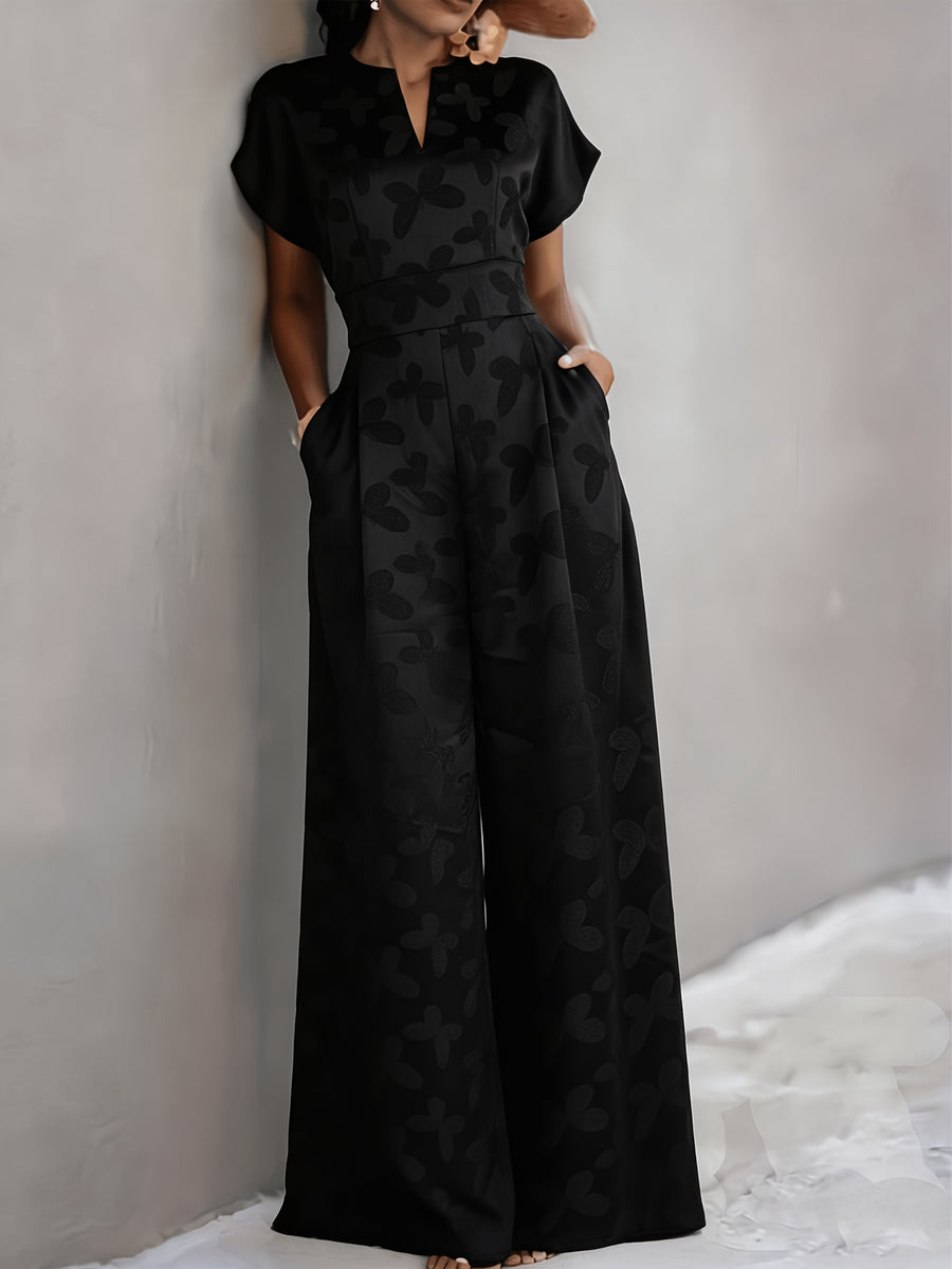 New Spring/Summer 2026 Women's Jacquard Short-Sleeve Jumpsuit with Subtle Butterfly Pattern, V-Neck, Cinched Waist, and Wide-Leg Pants. This Light Luxury, High-end Jumpsuit Offers a Sophisticated Look for Commuting. The Simple and Exquisite V-neck - Black
