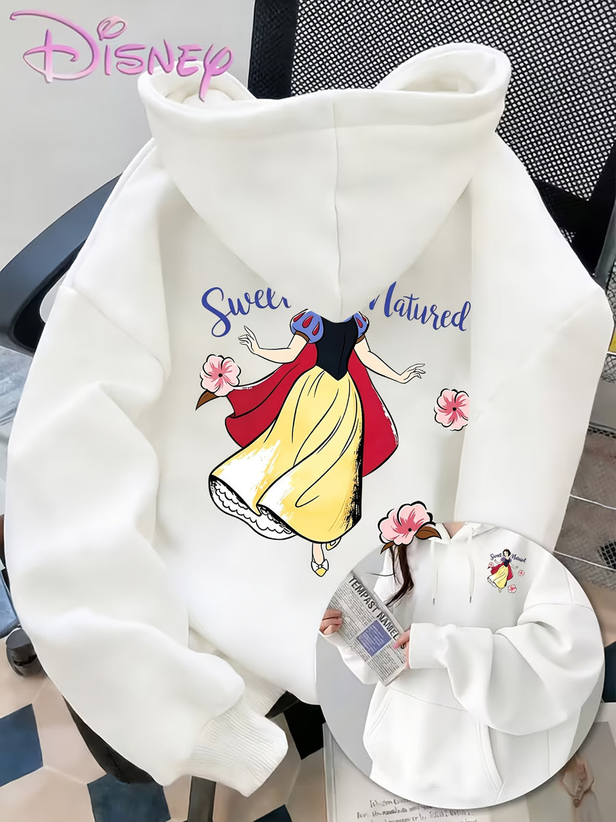Genuine Women'S Summer Clothing, Snow White Wedding Theme Cartoon Pattern with Flowers And Text Decoration, Autumn Winter Fashion Fleece-Lined Hooded Sweatshirt, Women'S Printed Casual Elegant Top, Cute Top - White