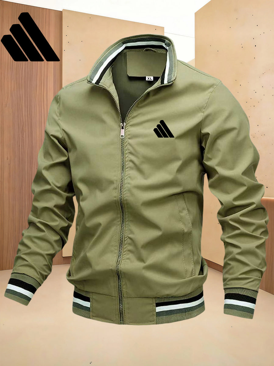 Men'S Sports Solid Color Stand-Up Collar Jacket, Color Striped Rib Hem, Lightweight And Windproof, Creative Three-Bar Totem Design Elements, Suitable for Jogging in Spring And Autumn, Daily Casual Versatile - fern green