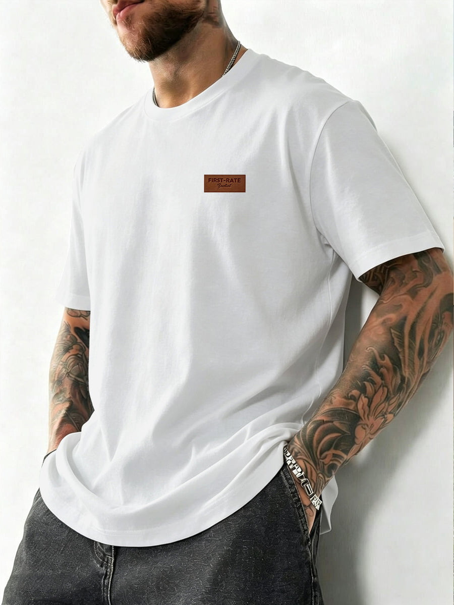 Summer New Men'S Regular Fit Short Sleeve T-Shirt with Chest Brown Small Label Text Print Easy Comfortable Casual Outing Commute All-Match Round Neck Top - White