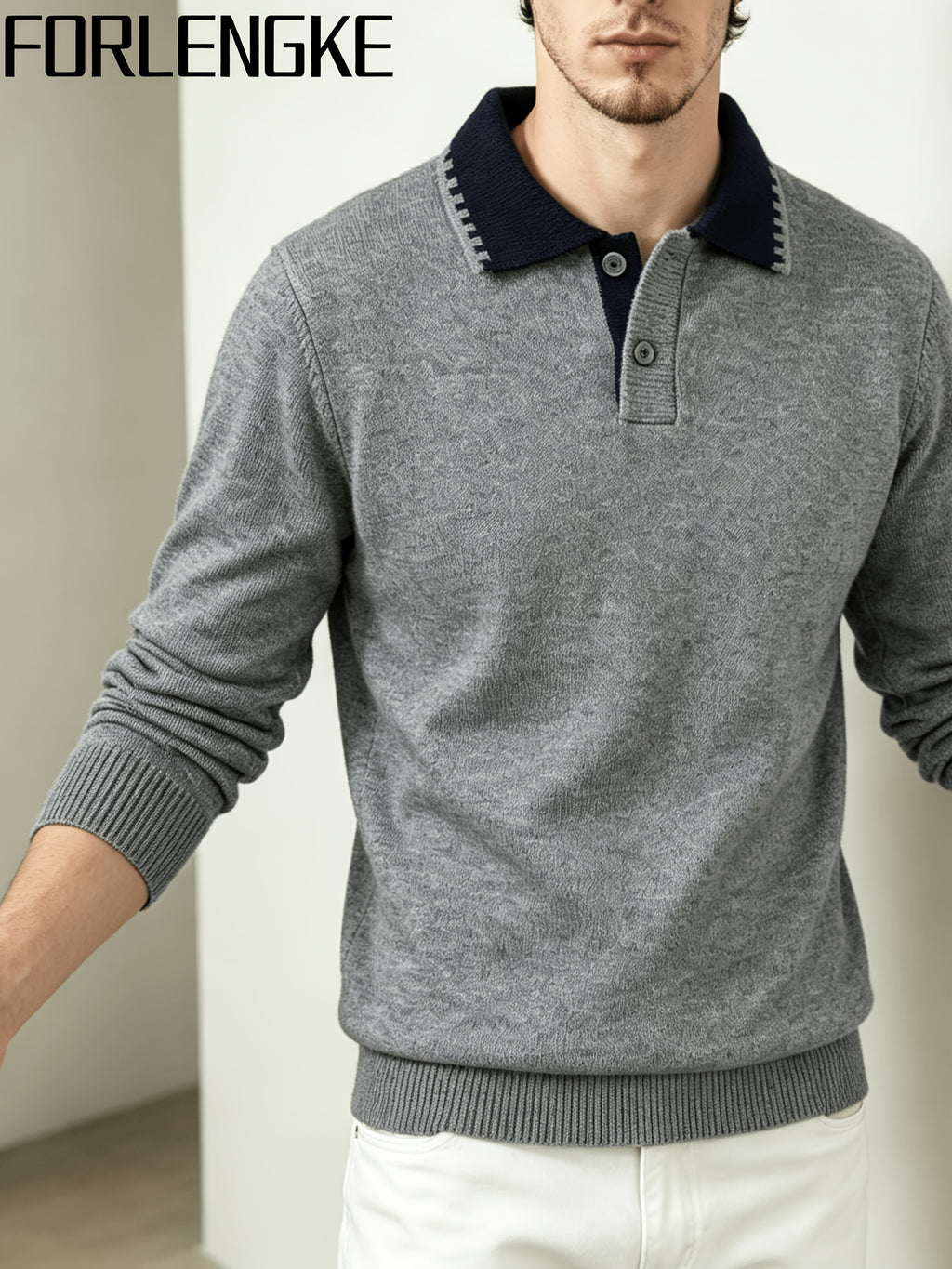 FORLENGKE Fall/Winter Men's Color-Block Collar Polo Knit Sweater with Textured Fabric, Turn- Collar Pullover Top, Casual and Versatile Knitwear for Men, Suitable for Work, Parties, and Various Occasions, Can Be Worn Inside or Out, Basic Top - Grey