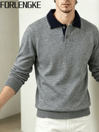 FORLENGKE Fall/Winter Men's Color-Block Collar Polo Knit Sweater with Textured Fabric, Turn- Collar Pullover Top, Casual and Versatile Knitwear for Men, Suitable for Work, Parties, and Various Occasions, Can Be Worn Inside or Out, Basic Top - Grey