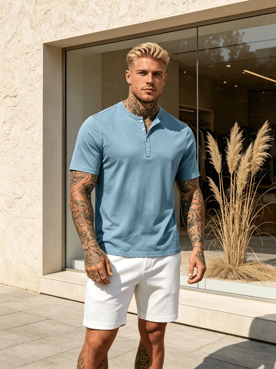Summer New Fashion Athletic Button-Up Men'S Top Short Sleeve Autumn Casual Comfortable Trendy All-Match Style - Sky Blue