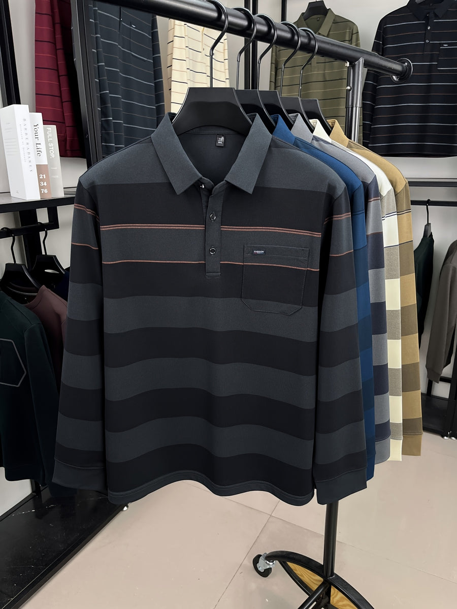 Autumn Men'S Long Sleeve T-Shirt 2026 New Style Wide Stripe Lapel with Real Pockets Casual Long Sleeve POLO Shirt - Charcoal Gray