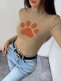Women'S Autumn Winter New Style Semi-High Neck Fitted Top, Can Be Worn Inside Or Outside, Stretch Fabric, Soft And Skin-Friendly Warm, Easy Waist-Cinching Cut, Casual All-Match "Brown Paw Print Design" - Khaki