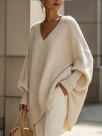 Plus Size - French Casual Style Plus Size V-Neck Sweater Women'S Loose Batwing Sleeve Solid Soft Pullover Sweater Autumn Winter Premium Top - Apricot
