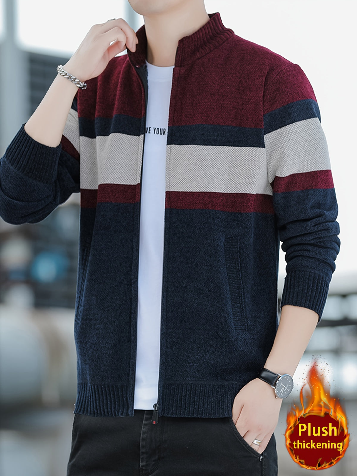 Men'S Autumn Winter Striped Contrasting Stand Up Collar, Thick Knit with Velvet, Zipper Jacket, Suitable for Autumn Winter Outdoor (Selected from Temujin) - Red