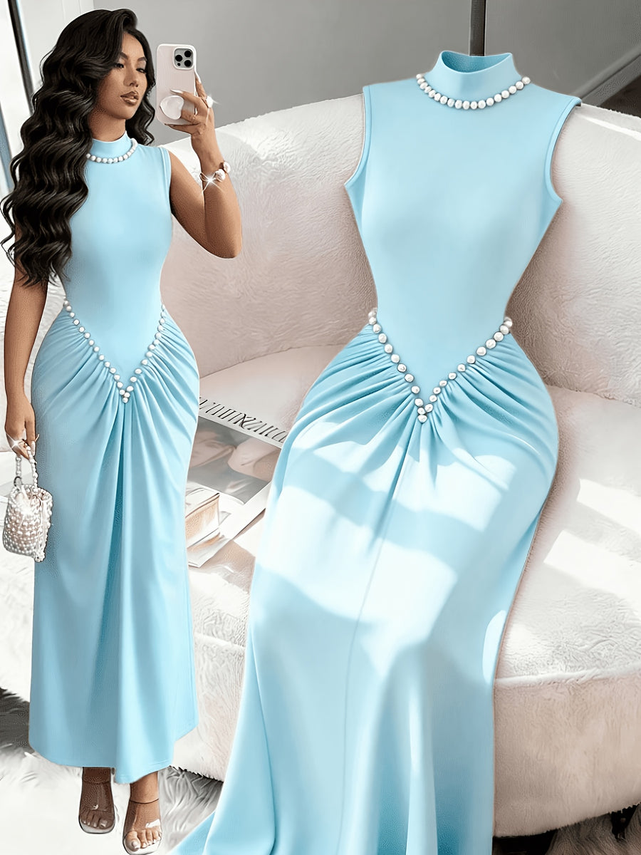 Summer Elegant Fashion Pearl Solid High-Neck Women'S Sleeveless Dress, Waist-Cinching Ruched Fishtail Long Dress, Temperament Evening Formal Gown - Sky Blue