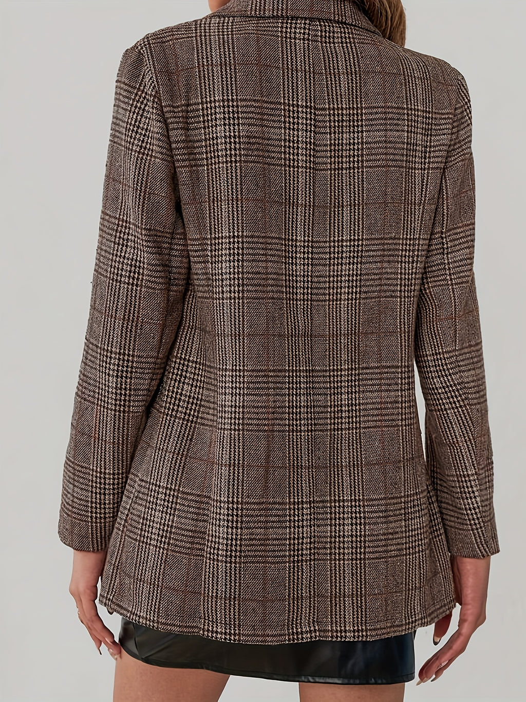 Plaid Pattern Single Breasted Lapel Blazer, Elegant Long Sleeve Blazer For Work & Office, Women's Clothing - Brown