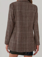 Plaid Pattern Single Breasted Lapel Blazer, Elegant Long Sleeve Blazer For Work & Office, Women's Clothing - Brown
