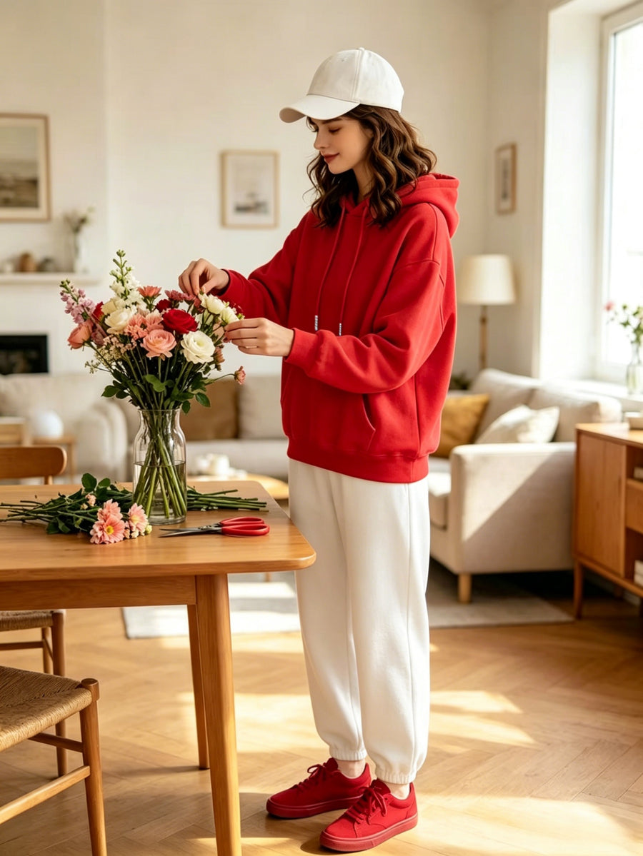 Lazy Style Loose Sweatshirt and Sweatpants Set, Long Sleeve Hooded Top and Jogger Pants, Daily Running Sportswear - Red Sweatshirt + White Sweatpants