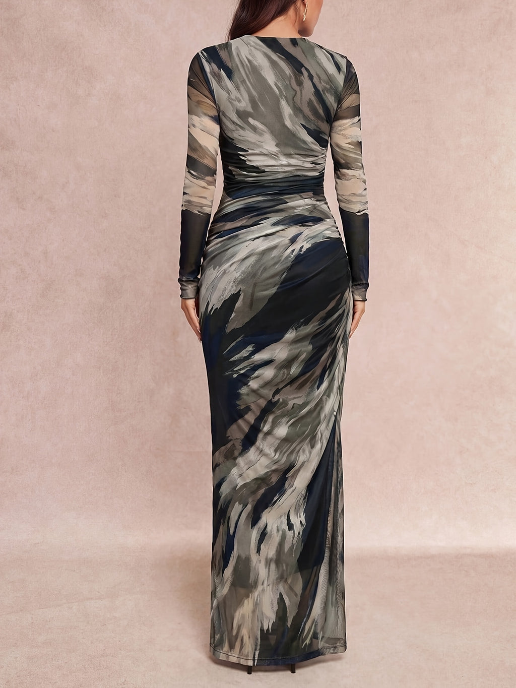 Elegant Special Women'S Mesh Gradient Ombre Printed Round Neck Long Sleeve Ruched Waist Long Dress, Spring Autumn Elegant Dress Suitable for Evening Parties, Dates, Birthday Gatherings, Red Carpet Styling, Mature Atmosphere Long Skirt [ZLLZ] - Grey