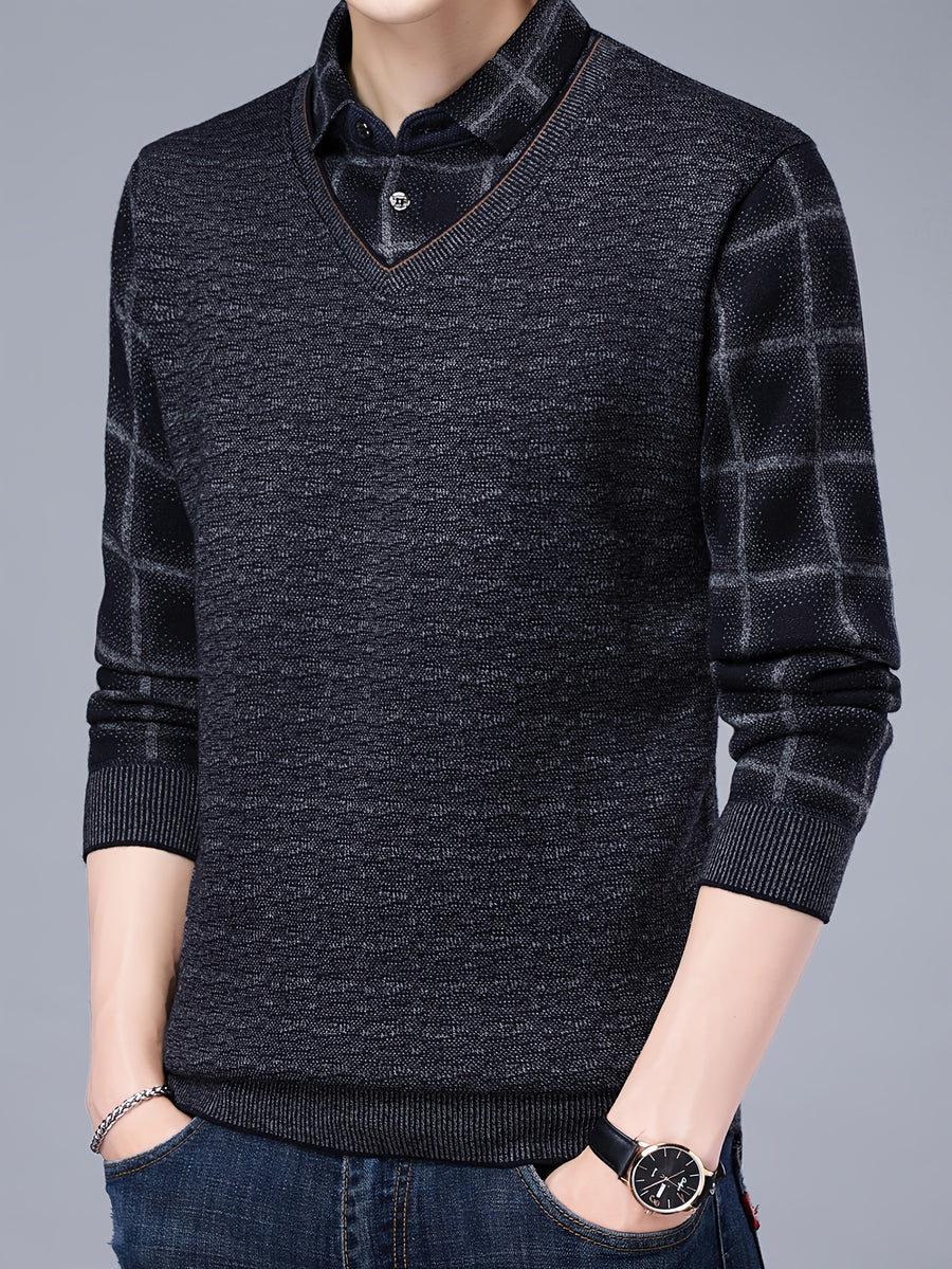 Spring/Autumn New Men's V-Neck Polo Shirt, Plaid Patchwork Long Sleeve, Business Casual 2-in-1 Look Pullover Base Layer Men's Apparel - Grey