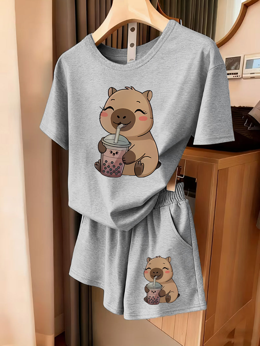 2pcs Women's Spring Summer Short Sleeve & Shorts Matching Outfit - Capybara Print Pajamas Gym Wear Sleepwear, Soft Breathable Pajamas, Valentine's Day Gift, Machine Washable 2pcs Set - Gray + Gray