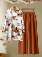 Spring/Autumn Women'S Fashion Casual Floral Print Shirt And Long Pants Set - Brick Red