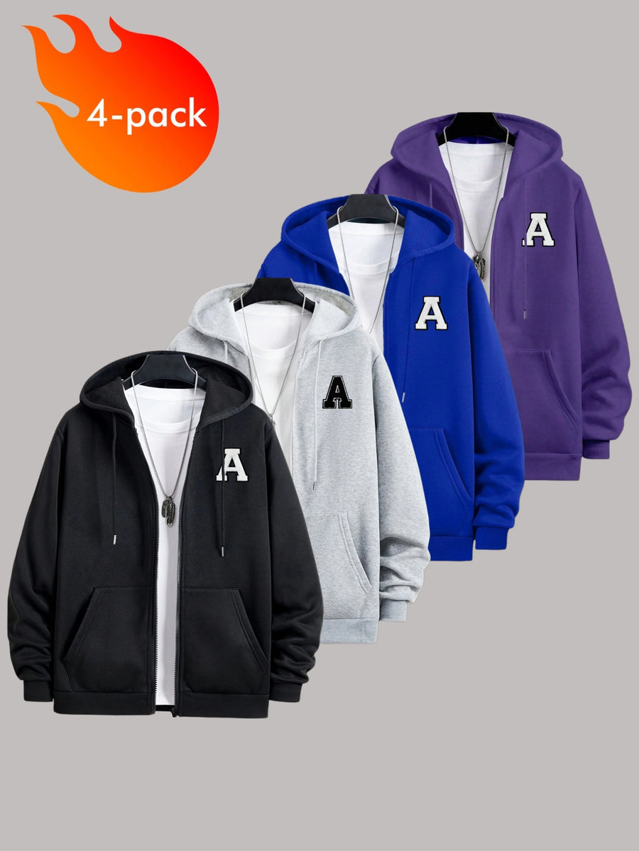 50% Cotton, 50% Polyester, 4pcs Men's Zippered Hooded -Lined Sweatshirt, Men's Apparel, Long-Sleeve Jacket, Zippered Top, Hooded Sweatshirt, Pockets, Drawstring, Suitable for Outings, Casual Wear, Back-to-School Season, Gift for Boyfriend - Black + Light Gray + Blue + Purple