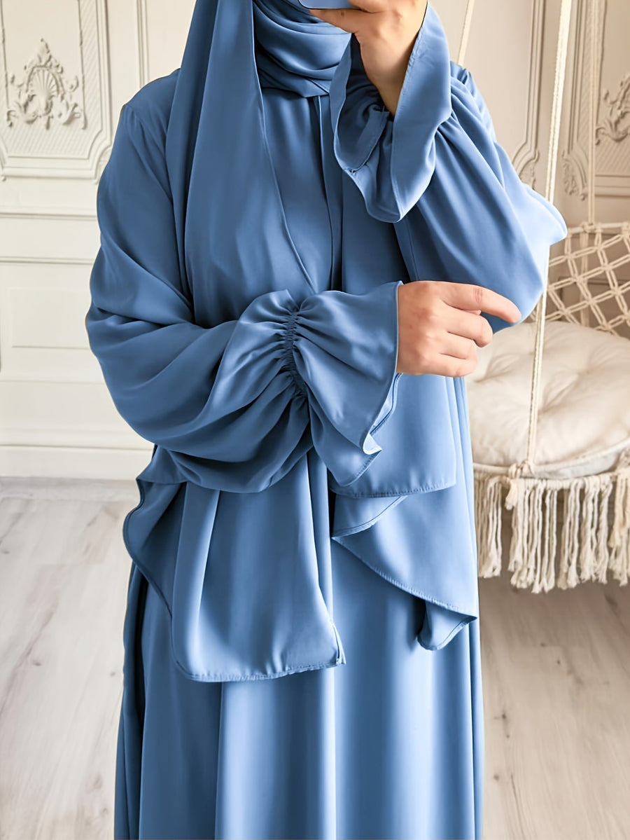1pc Fashionable, Elegant and Casual One-piece Solid-colored Bellows Sleeve Suitable for Daily Wear. Loose and Comfortable Women's Abaya Robe.abayas for Women Muslim Kleider Damen Abaya for Women Stylish Khimar Ladies Abaya - Sky Blue