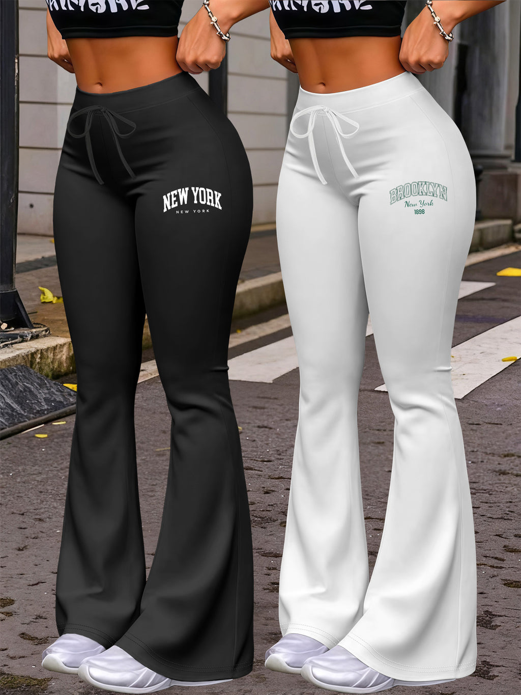 New Autumn Women's Clothing from Europe and America, NEW YORK & BROOKLYN Letter Print, Daily Casual Wear, Two-Pack of Comfortable Slim-Fit Stretch Tapered Straight-Leg Pants with Drawstring Waistband - Black+White