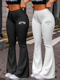 New Autumn Women's Clothing from Europe and America, NEW YORK & BROOKLYN Letter Print, Daily Casual Wear, Two-Pack of Comfortable Slim-Fit Stretch Tapered Straight-Leg Pants with Drawstring Waistband - Black+White