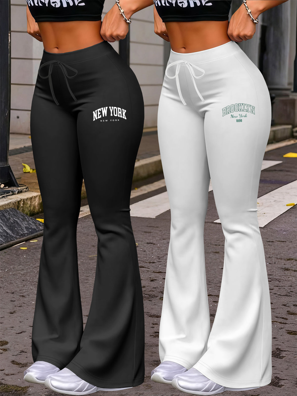 New Autumn Women's Clothing from Europe and America, NEW YORK & BROOKLYN Letter Print, Daily Casual Wear, Two-Pack of Comfortable Slim-Fit Stretch Tapered Straight-Leg Pants with Drawstring Waistband - Black+White