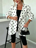 YYTT 2026 New Women's Style 26030# European and American Style Polka Dot Blazer, Elegant and Temperamental Loose Fit Single-Breasted Top, 1pc Versatile Commuter Outerwear. White Base with Black Polka Dots, Featuring a Vintage Elegance - White
