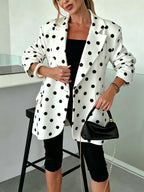 YYTT 2026 New Women's Style 26030# European and American Style Polka Dot Blazer, Elegant and Temperamental Loose Fit Single-Breasted Top, 1pc Versatile Commuter Outerwear. White Base with Black Polka Dots, Featuring a Vintage Elegance - White