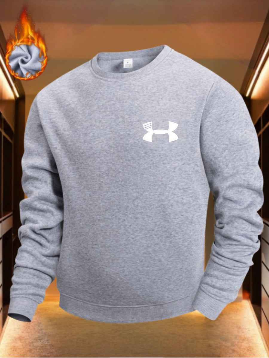 Sporty Style, Men's Crewneck Sweatshirt, White Logo Print, Fleece Lined Warm Fabric, Casual Wear Gym Use, Gift for Him Boyfriend Husband - Light Grey