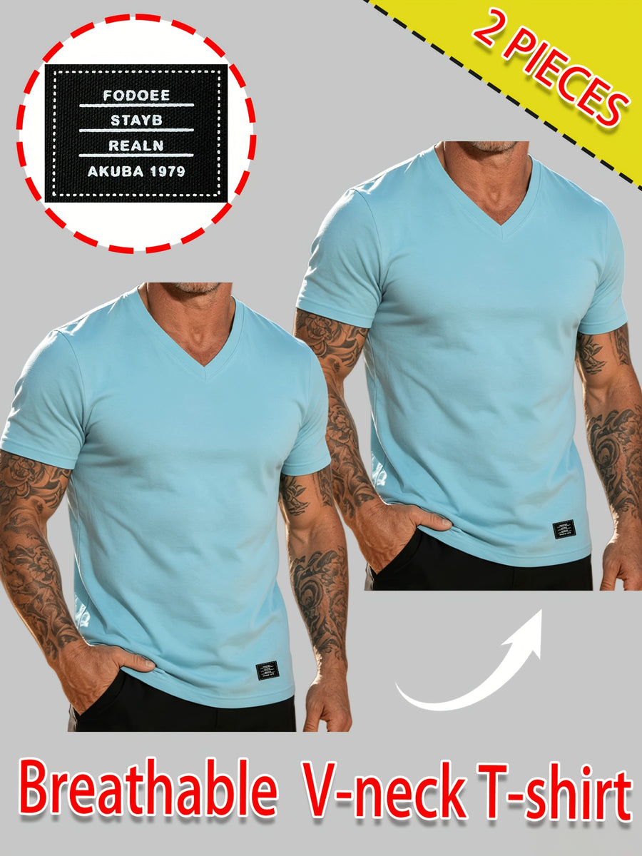 2pcs Men's 100% Cotton V-Neck T-Shirt - Breathable Short-Sleeve Solid Color Basic Tee Suitable for Summer Gym, Outdoor Sports & Casual Wear, Non-Stuffy Machine Washable Pure Cotton Shirts for Fitness and Everyday Activities - Sky Blue