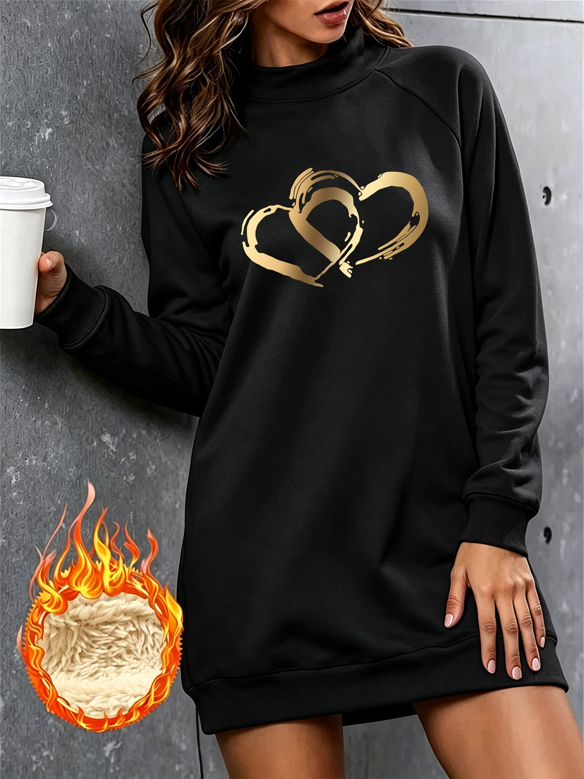 Light Luxury Golden Overlapping Heart Print Half-Turtleneck Long -Lined Sweatshirt for Women, Loose Fit Casual Sweatshirt Dress - Black