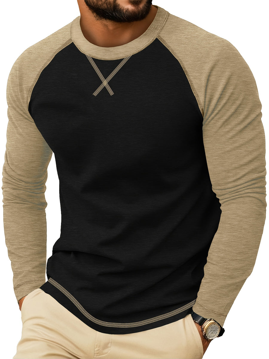 Cross-Border Men'S Long Sleeve Round Neck T-Shirt, Export European And American Men'S Clothing Color-Block Top Base Layer - Black