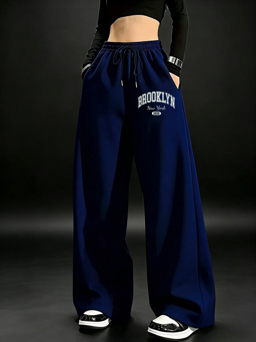 Women's High-Waisted Wide-Leg Joggers with Stretch Waist & Pockets - Solid Color Loose Pants Suitable for All-Season Wear, Straight Leg Trousers, Machine Washable for,, Everyday Casual (No Transparency) - Navy Color
